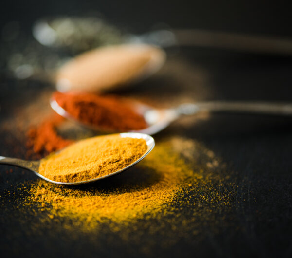 close up of various spices and herbs scattered in metal spoon